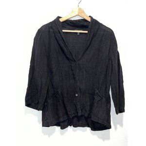 Eileen Fisher Black Linen Blend Button-Front Tunic 3/4 Sleeves Women's Top L